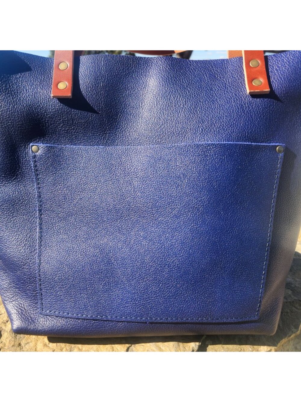 Portland Leather Med Classic Tote Cobalt Pebbled Leather Tan Handles (Tandles) - Picture 2 of 9